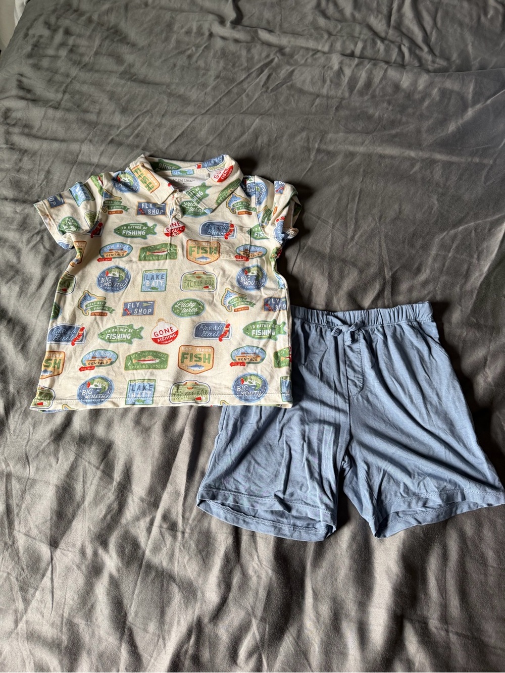 Angel Dear Cream Fishing Badge Print Polo Set with Light Blue Shorts